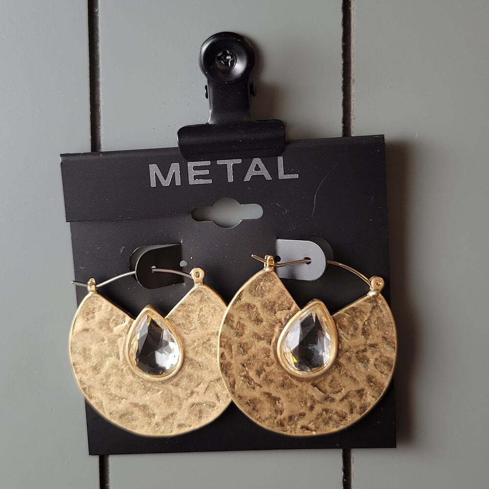 Gold Textured Teardrop Hoop Earrings with Clear Crystal Stone, 1.8 Inch Jewelry